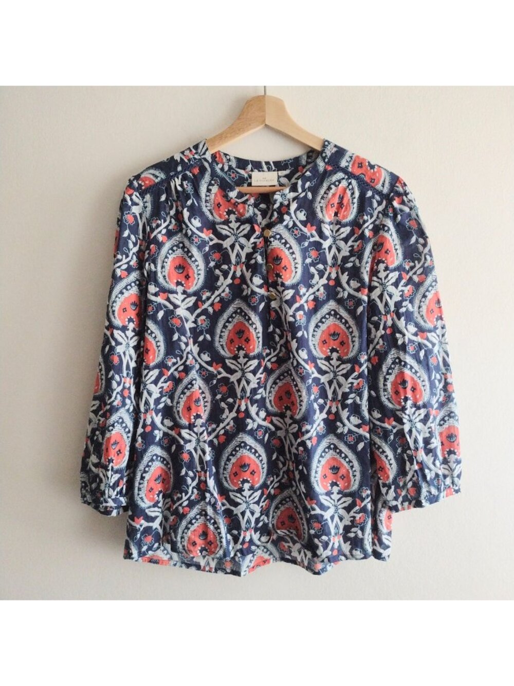 La Fiancee Printed Blouse M Cotton Navy Euro Summer Tunic Top FR 42